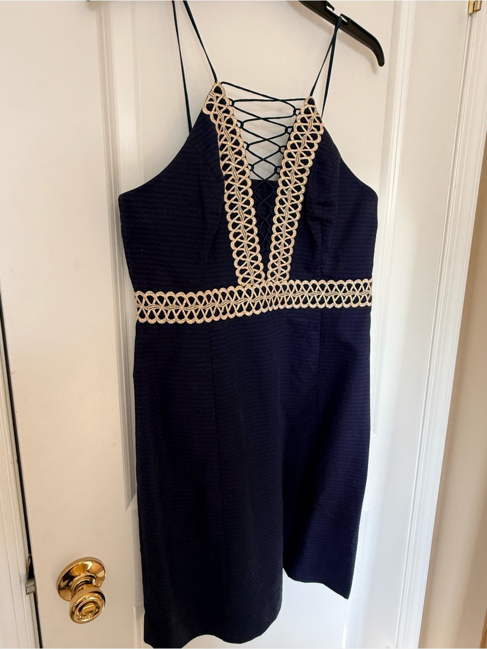 Lilly Pulitzer True Navy Shift Dress with Cream Crochet Waist Trim - Picture 3 of 7